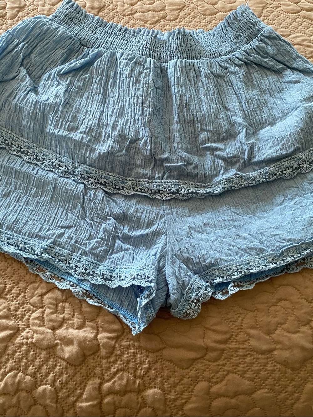 Altar'd State Light Blue Crinkle Lace-Trim Shorts